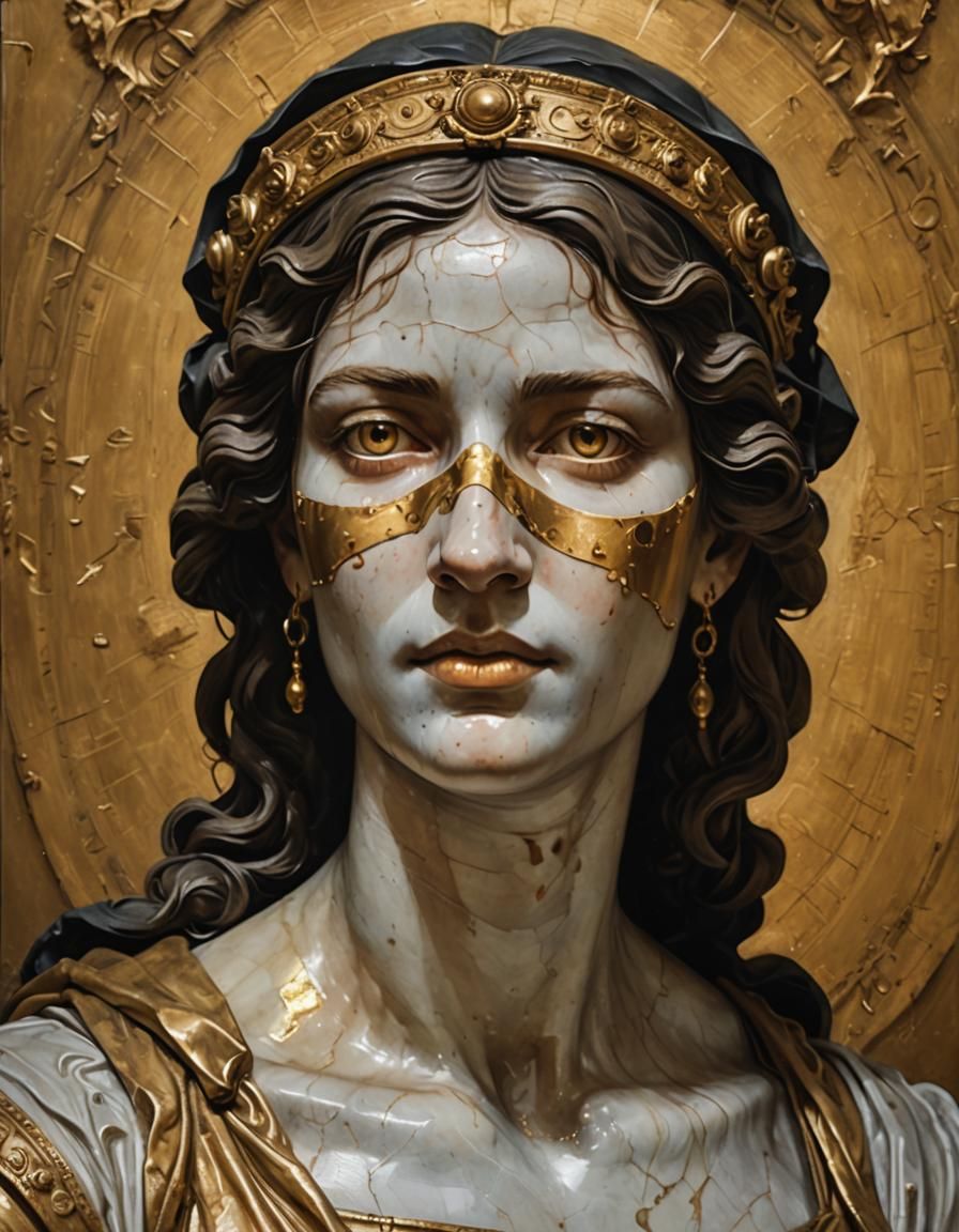 Themis Statue in Golden Light, Oil Painting Style