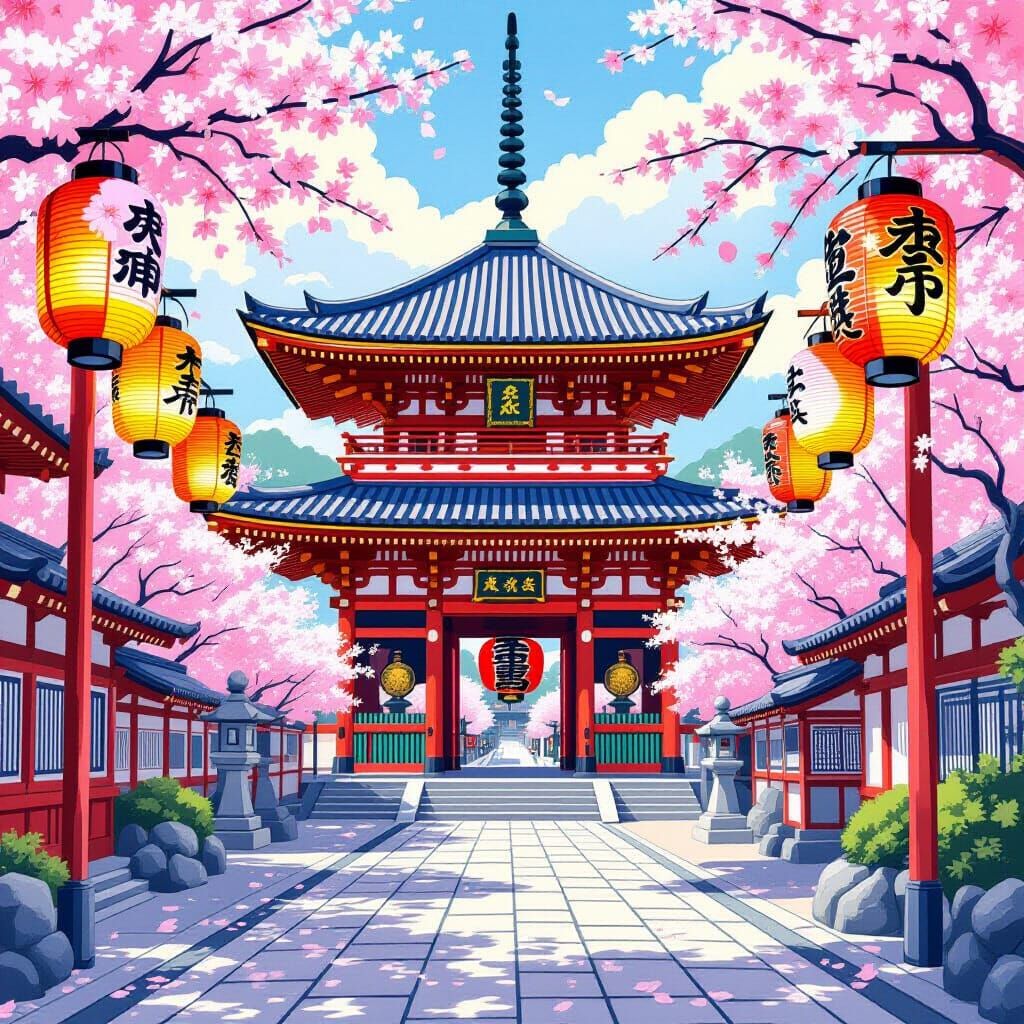 Japanese Temple in Ukiyo-e Style Dragon New Year