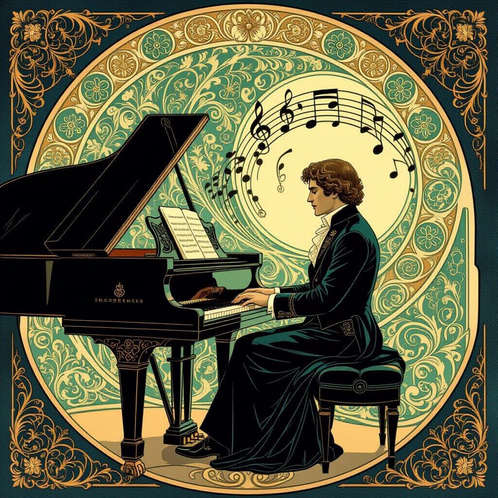 Art Nouveau Composer in Dramatic Golden Light