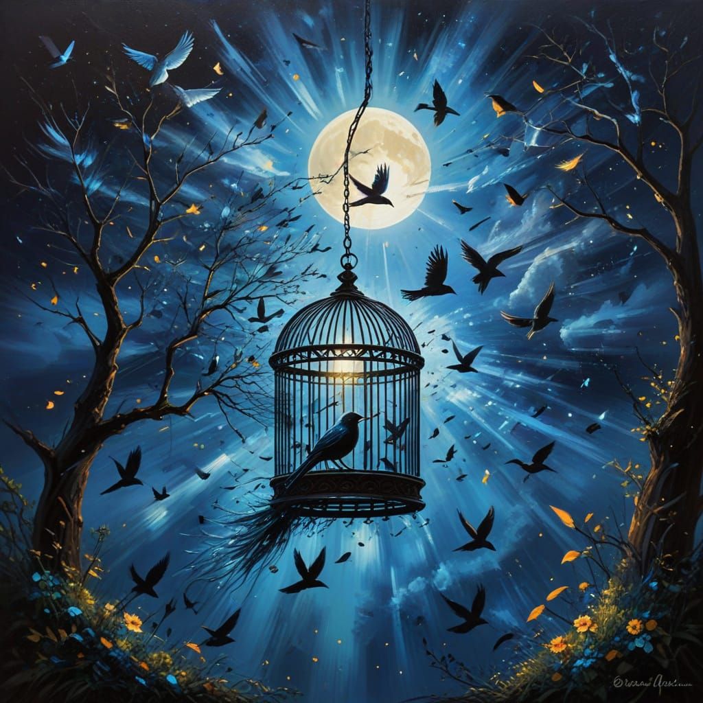 Glowing Birds Escape Open Cage into Moonlit Sky