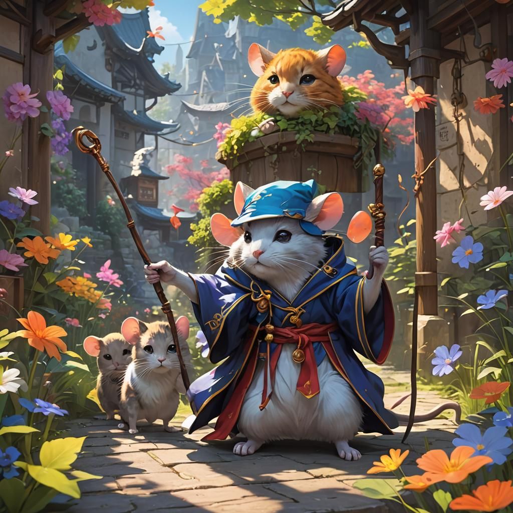 Wise Mouse Guides Cat: Vibrant 3D Anime Art