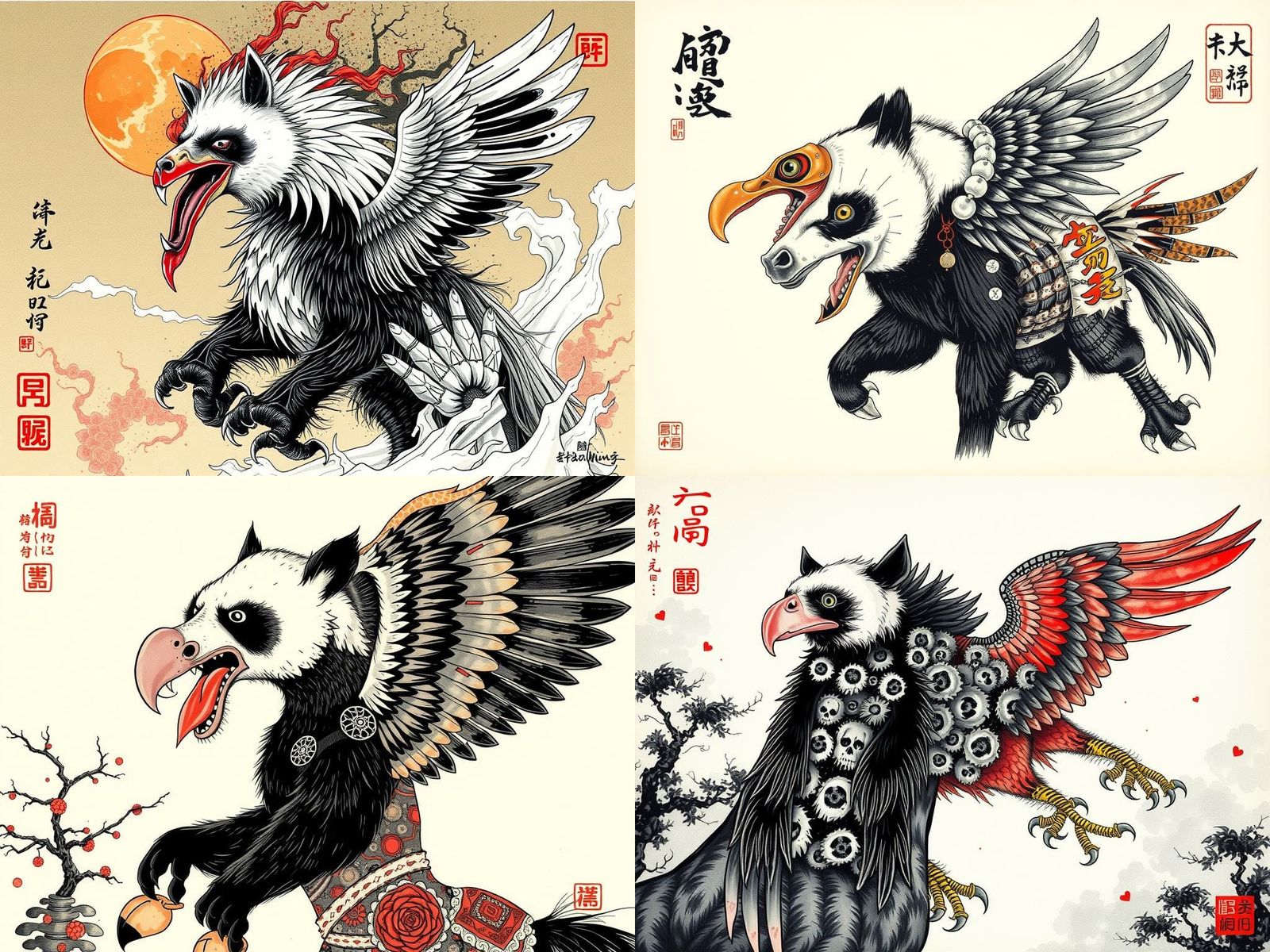 Hybrid Horror Creature in Chinese Ink Style