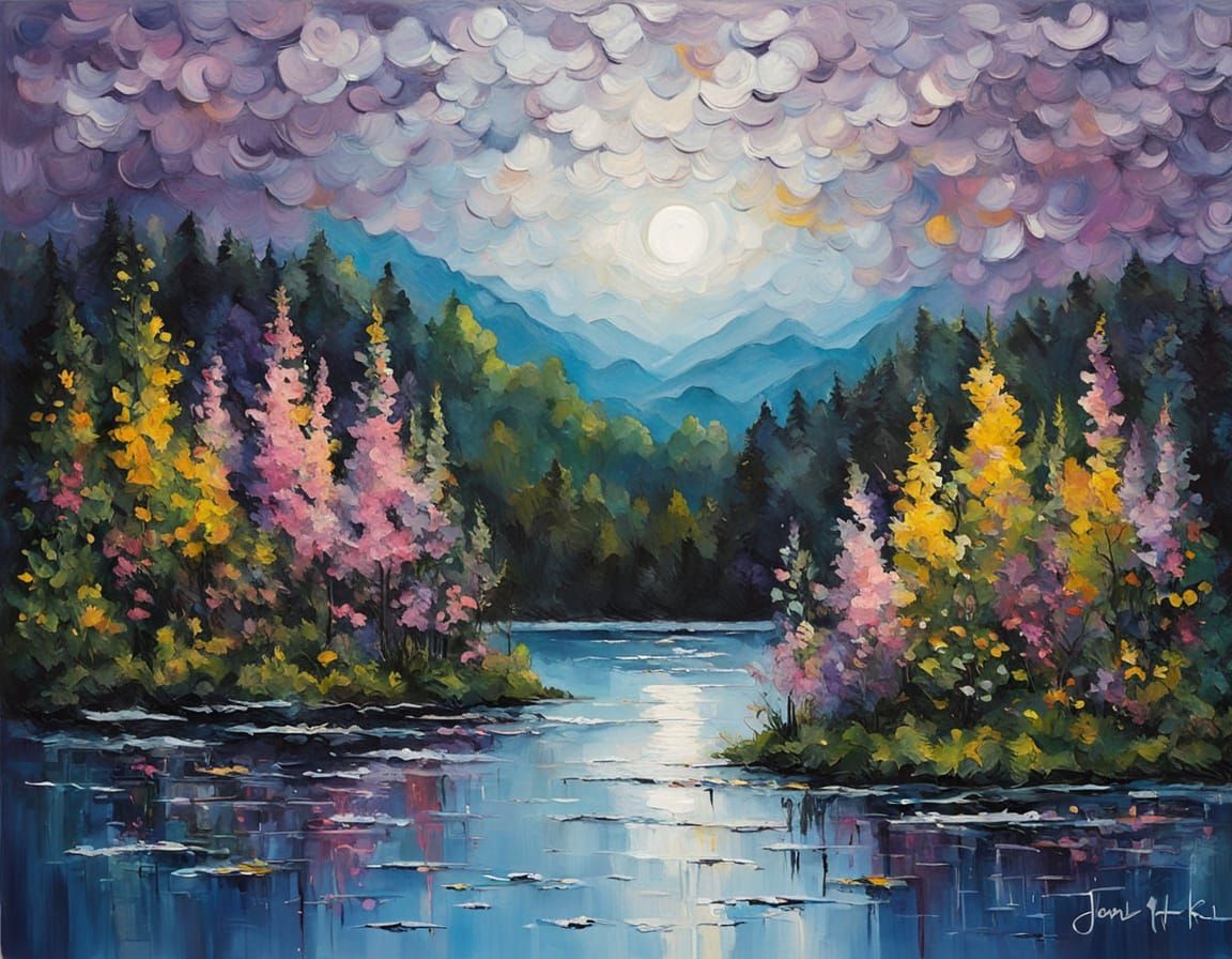 Vibrant Moonlit Lake Landscape in Impasto Style