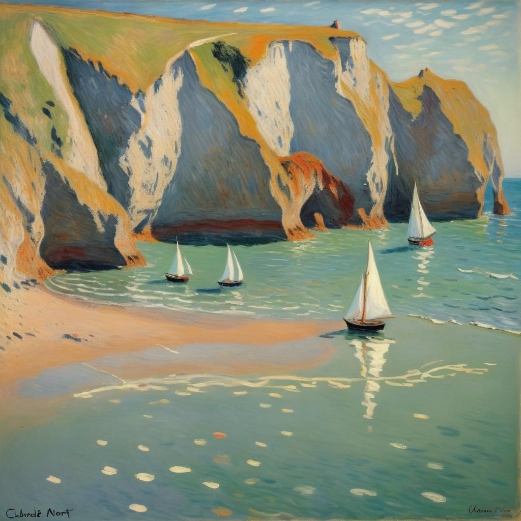 Sailboats at Pourville Cliffs in Impressionist Style