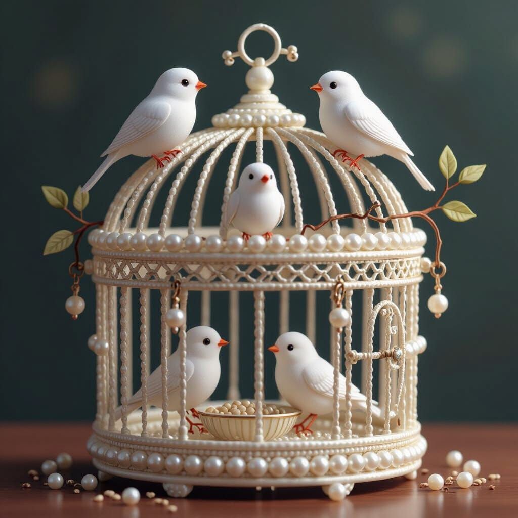 Exquisite Pearl Birdcage with Tiny Birds