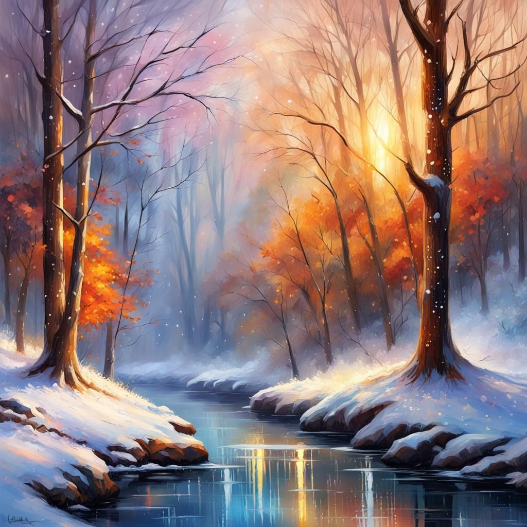 Sparkling Winter River in Forest with Glittering Particles