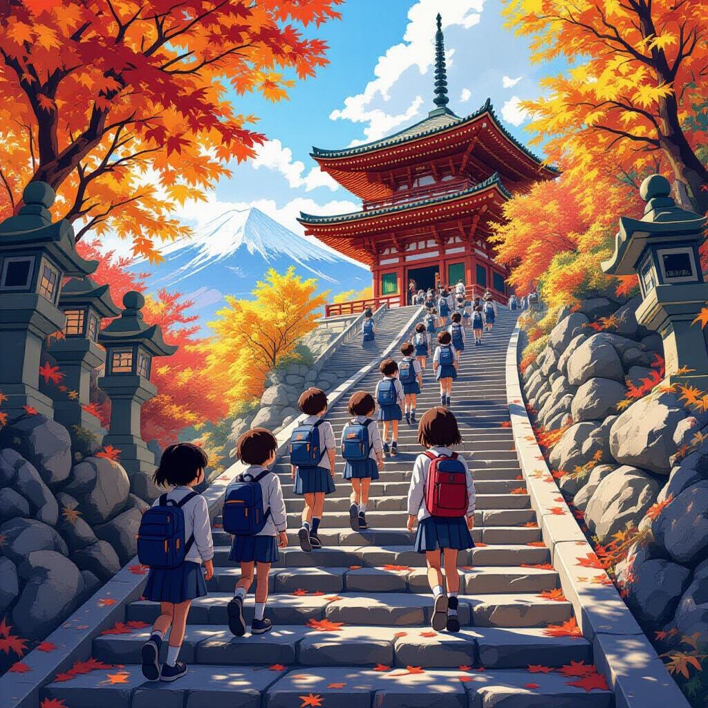 Anime-Style Tokyo Temple Ascent by School Children