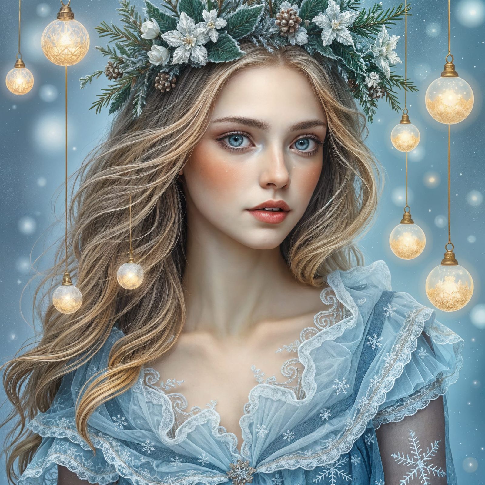 Ethereal Winter Portrait with Evergreen Crown in Expressioni...