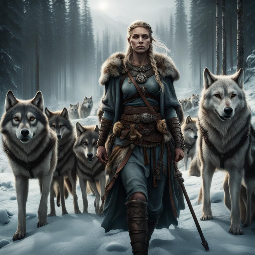 Viking Woman with Wolves: Epic Digital Painting
