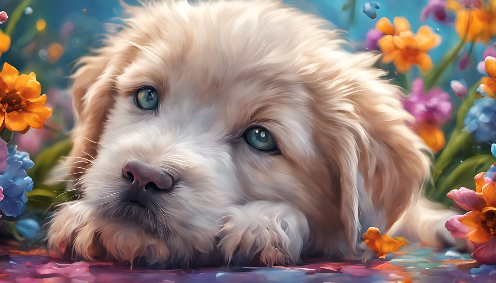 Adorable Puppy and Kitten in Flowerbed, Graffiti Art