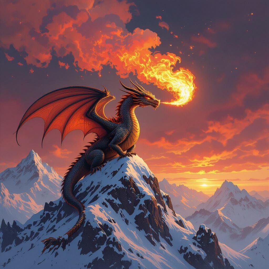 Dragon on Snowy Peak Exhaling Fire, Fantasy Art