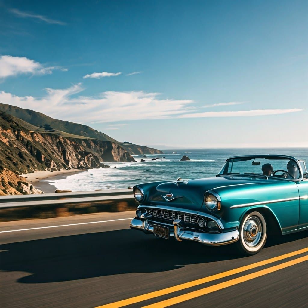 Vintage Car on Pacific Coast Highway at Sunset