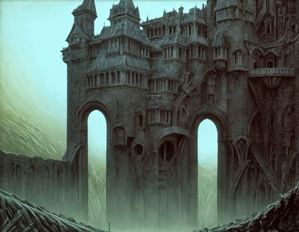 Castle with Three Drawbridges and Moats in a Dreamlike Lands...