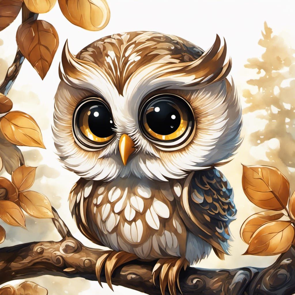 Cute Chibi Owl Art in Watercolor and Impasto Style