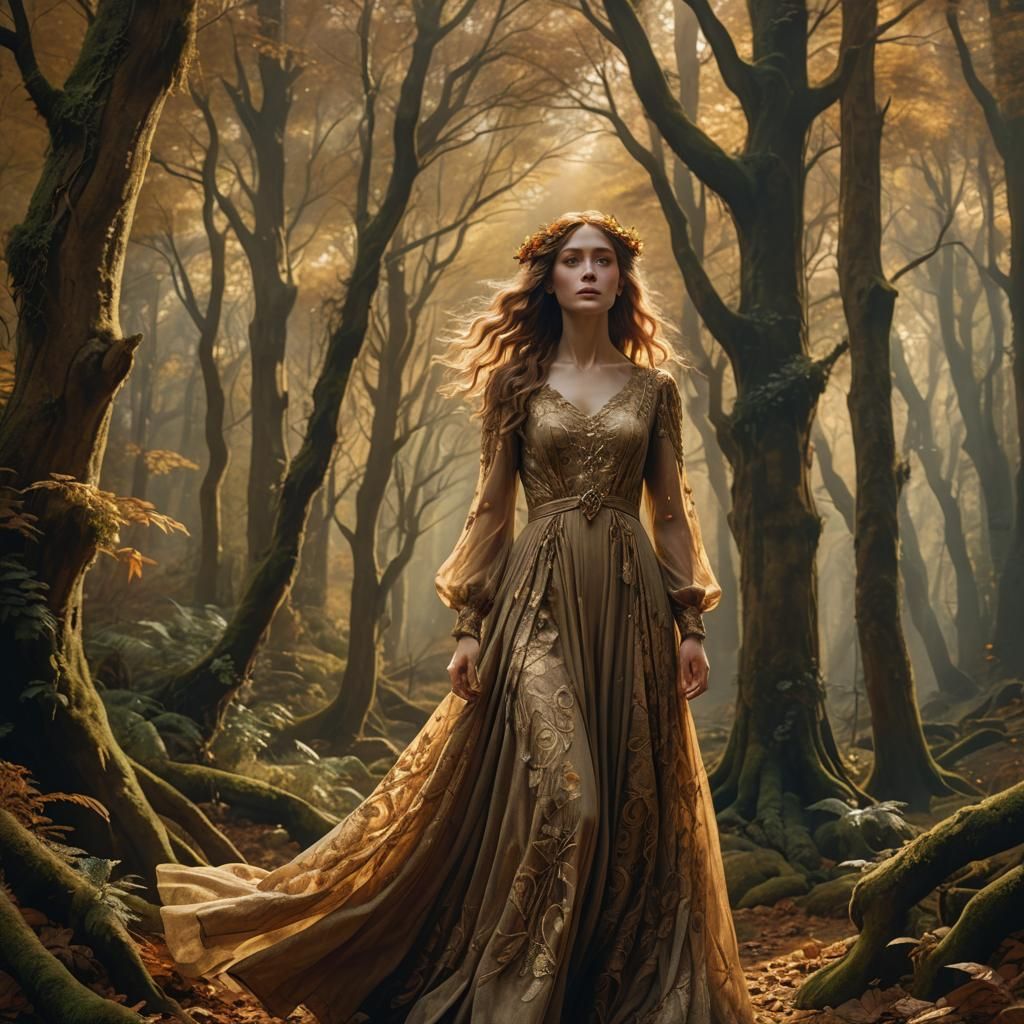 Woman in Autumn Forest, Pre-Raphaelite Fantasy Art