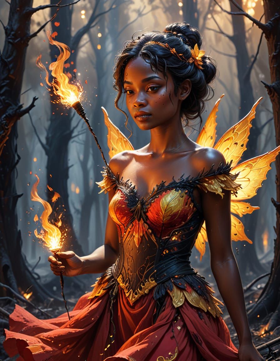 Ash Fairy in Charred Forest: Vibrant Oil Painting
