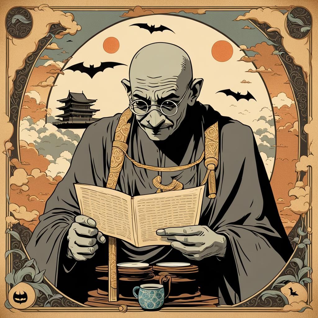 Gandhi in Batman Mask, Japanese Art Nouveau