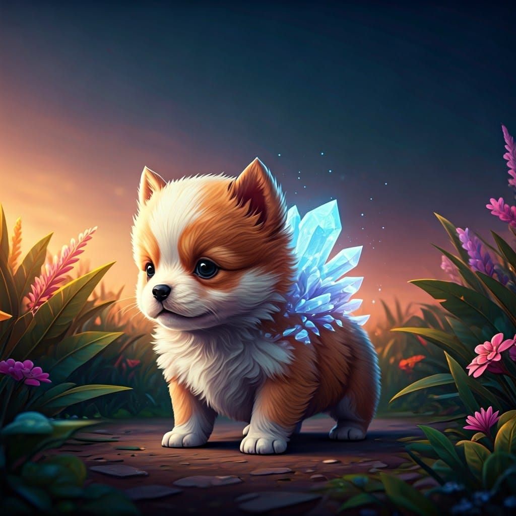 Crystalline Puppy in a Fantasy Landscape