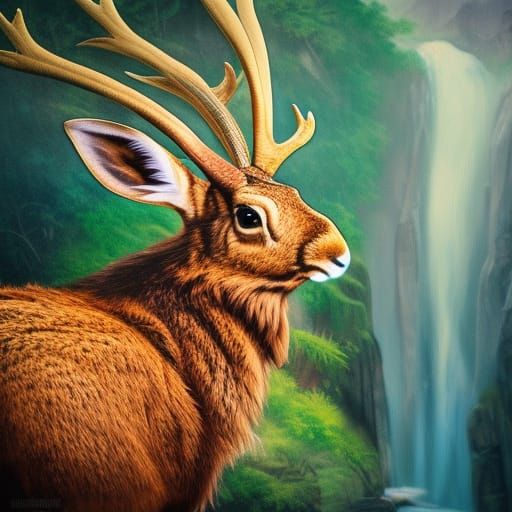 Hyperrealistic Jackalope by Waterfall: Splash Art
