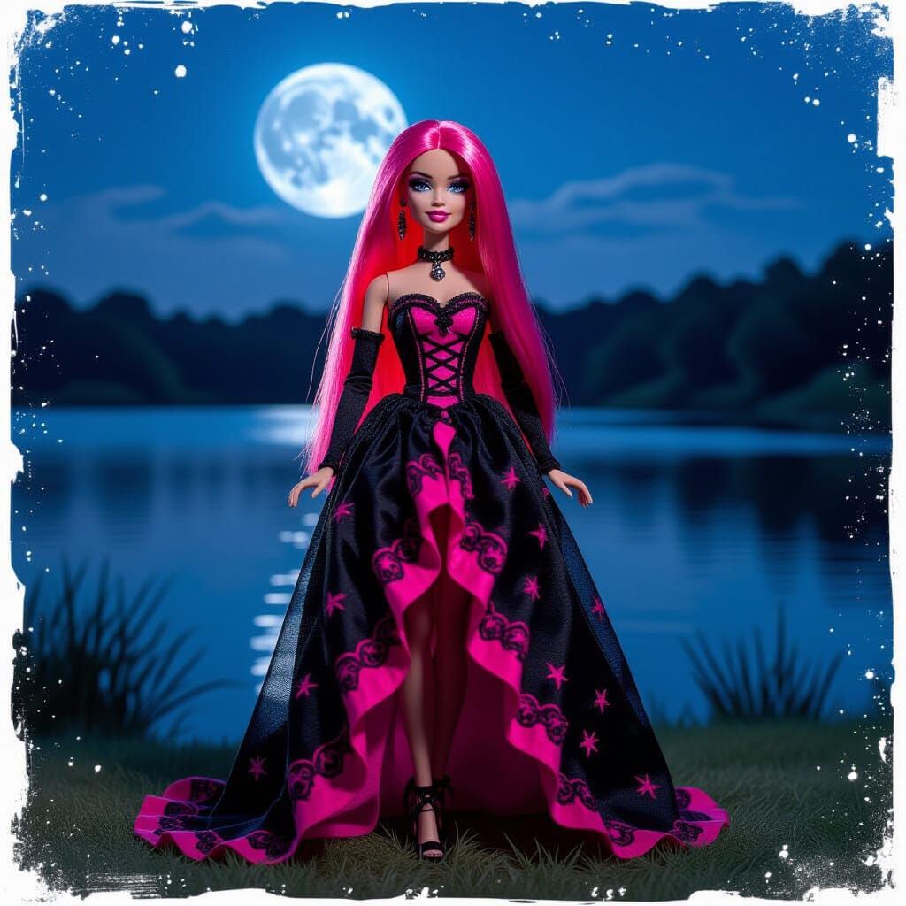 Gothic Barbie Princess with Pink Hair in Moonlight