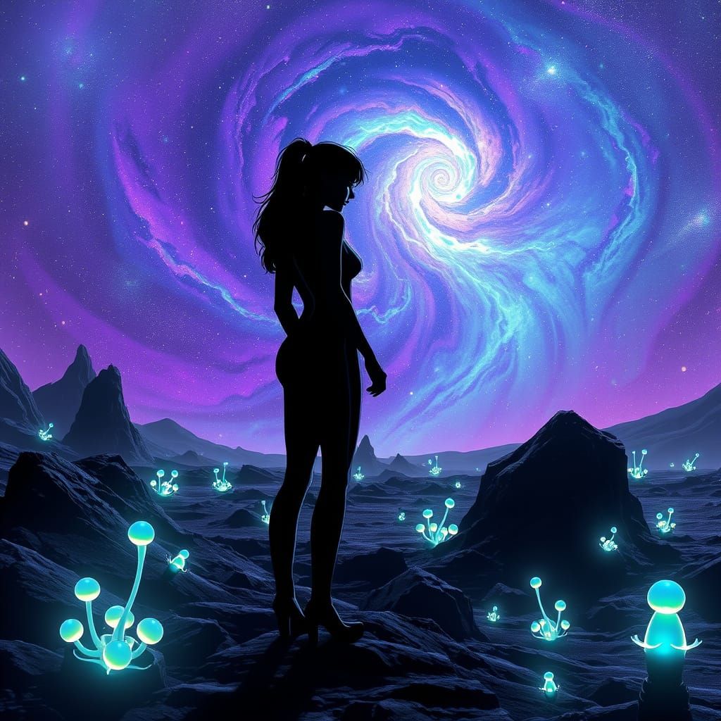 Lone Woman on Alien Planet Against Stardust Nebula