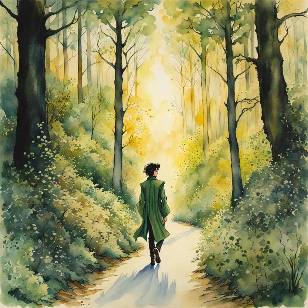 Fairytale Man at Forest Crossroads in Watercolor Style