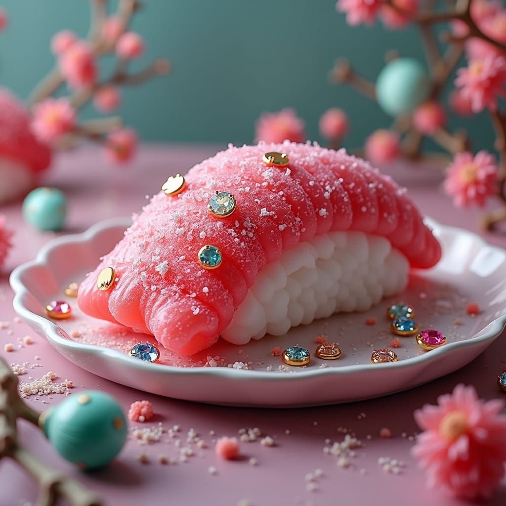 Sparkly Pink Sushi in Surreal Biomechanical Style