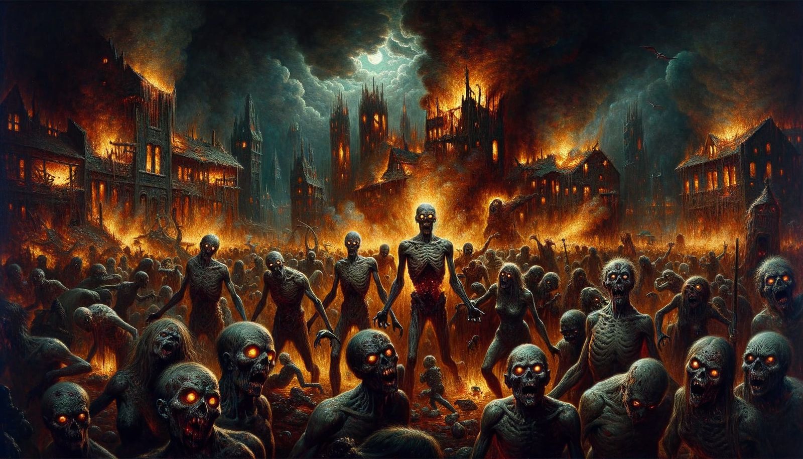 Macabre Horde in a Flaming Village, Oil Painting Style