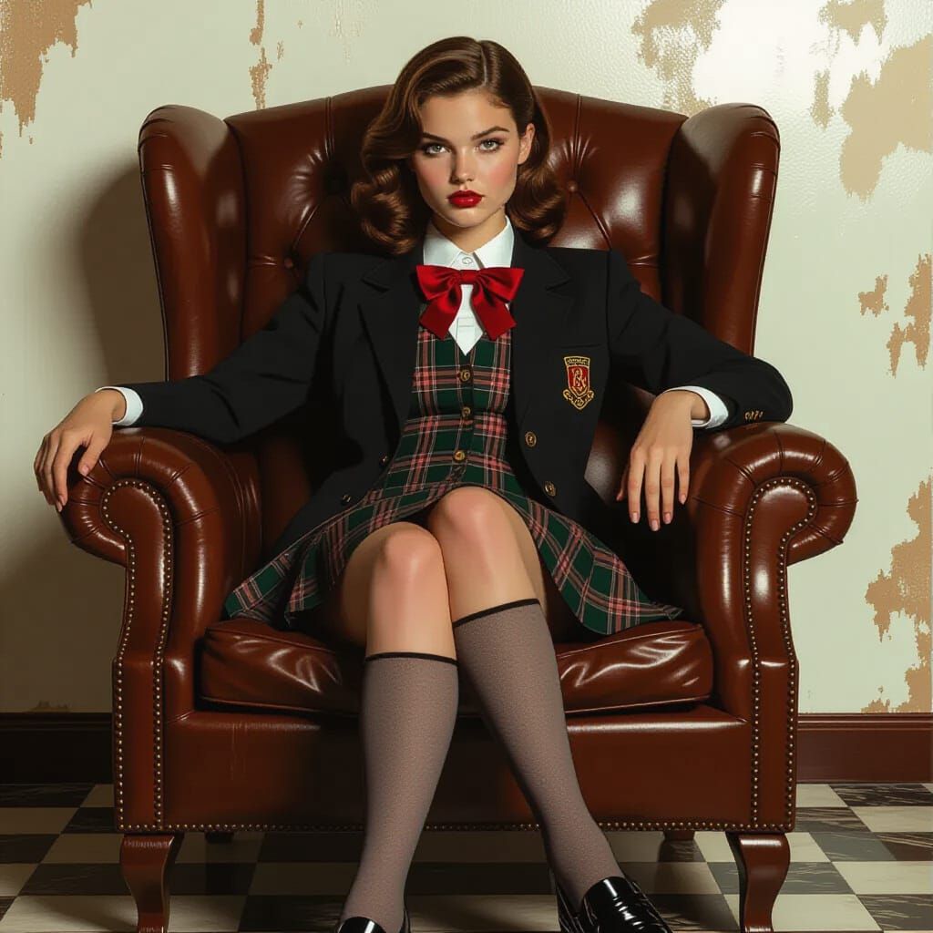 Lena in Vintage School Uniform, Digital Matte Painting