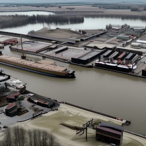 Dieselpunk Town on River with Cargo Ships