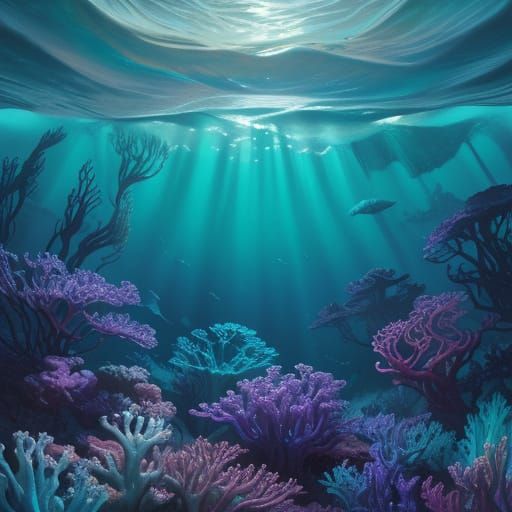 Alien Underwater Scene in Surrealist Oil Painting