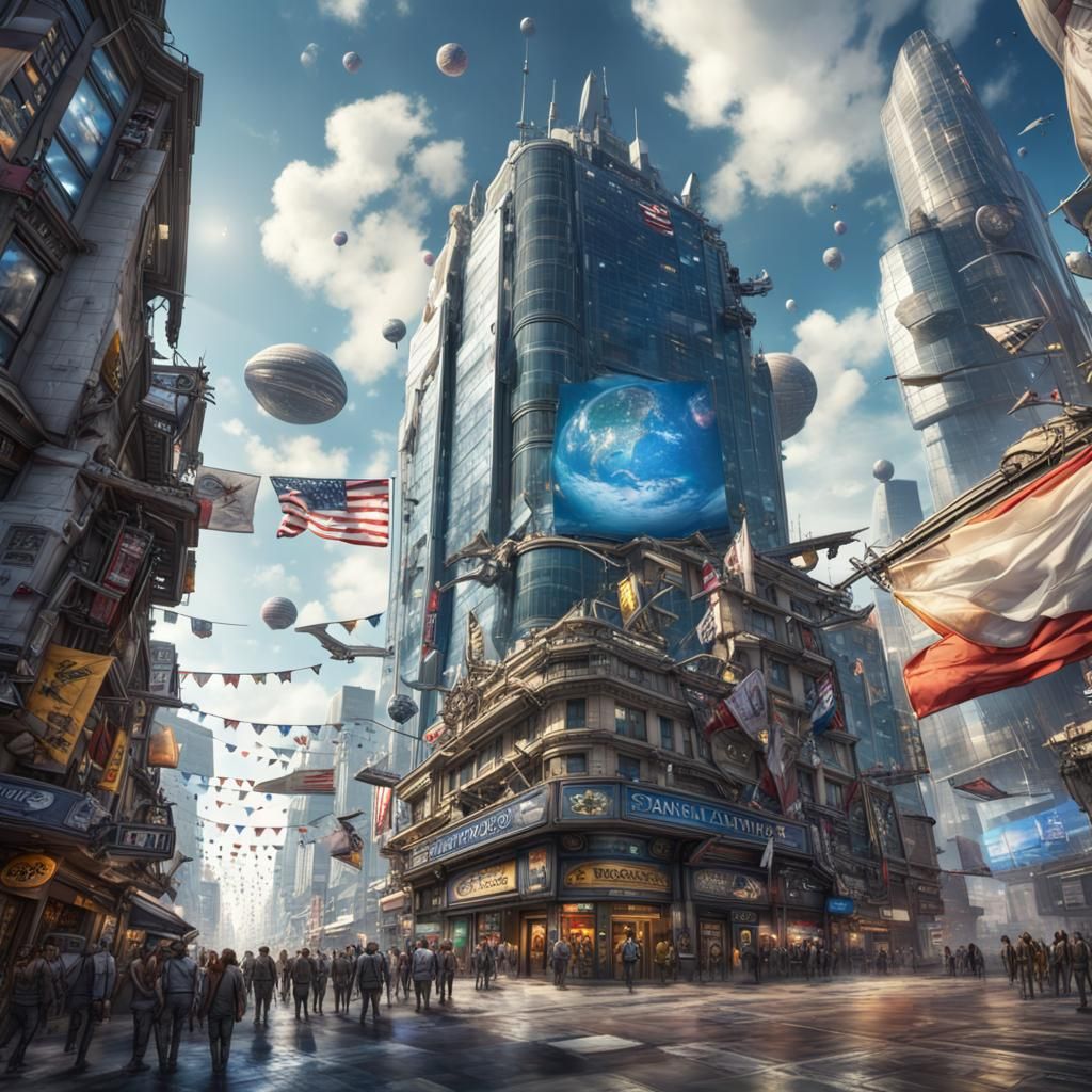 Space Travel Agency on Busy Street: Hyperrealistic