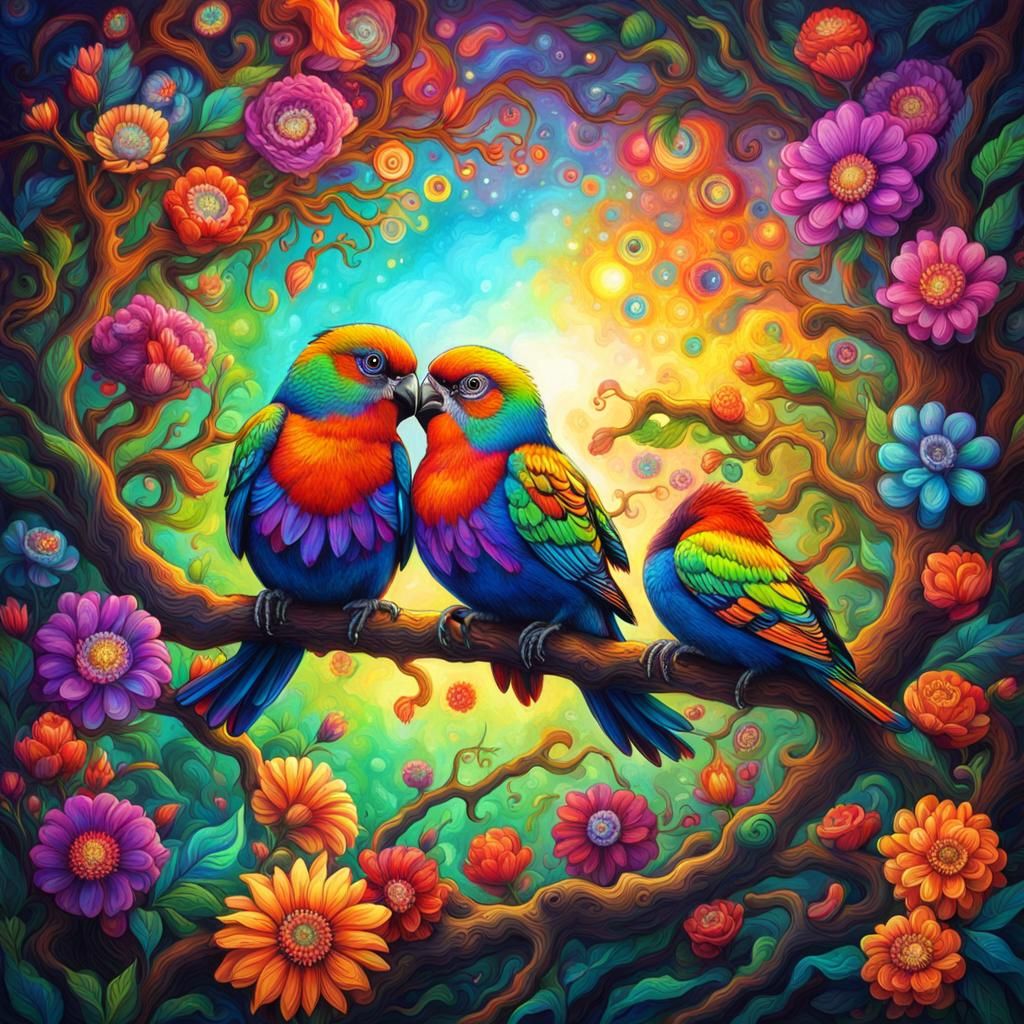 Psychedelic Lovebirds on Floral Branch, Ayahuasca Art