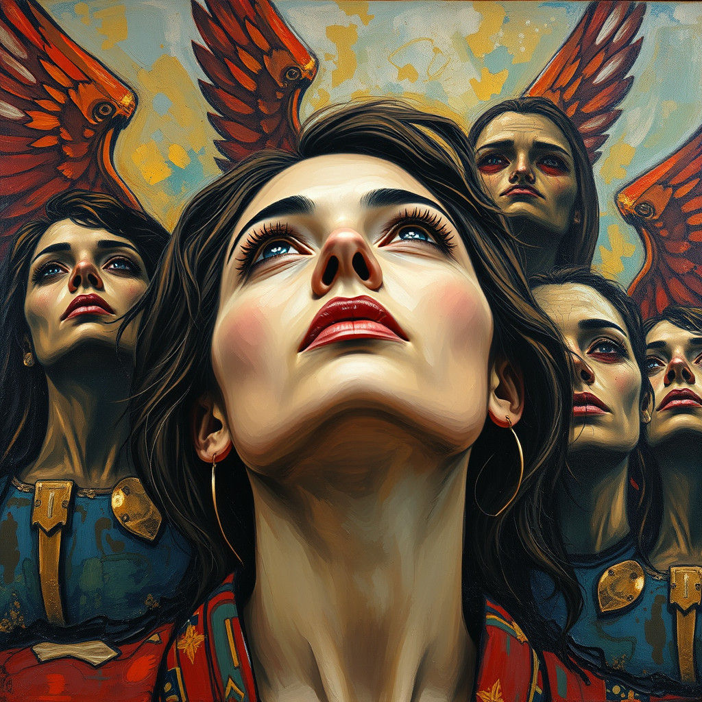 Ethereal Warriors Guard Hopeful Woman: Expressionist Paintin...