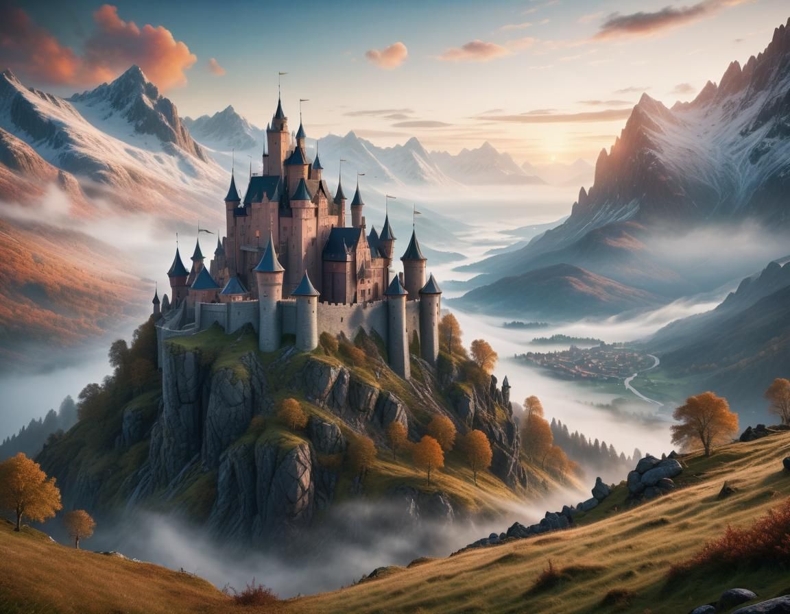 Misty Mountain Fortress at Sunrise: Fantasy Concept Art