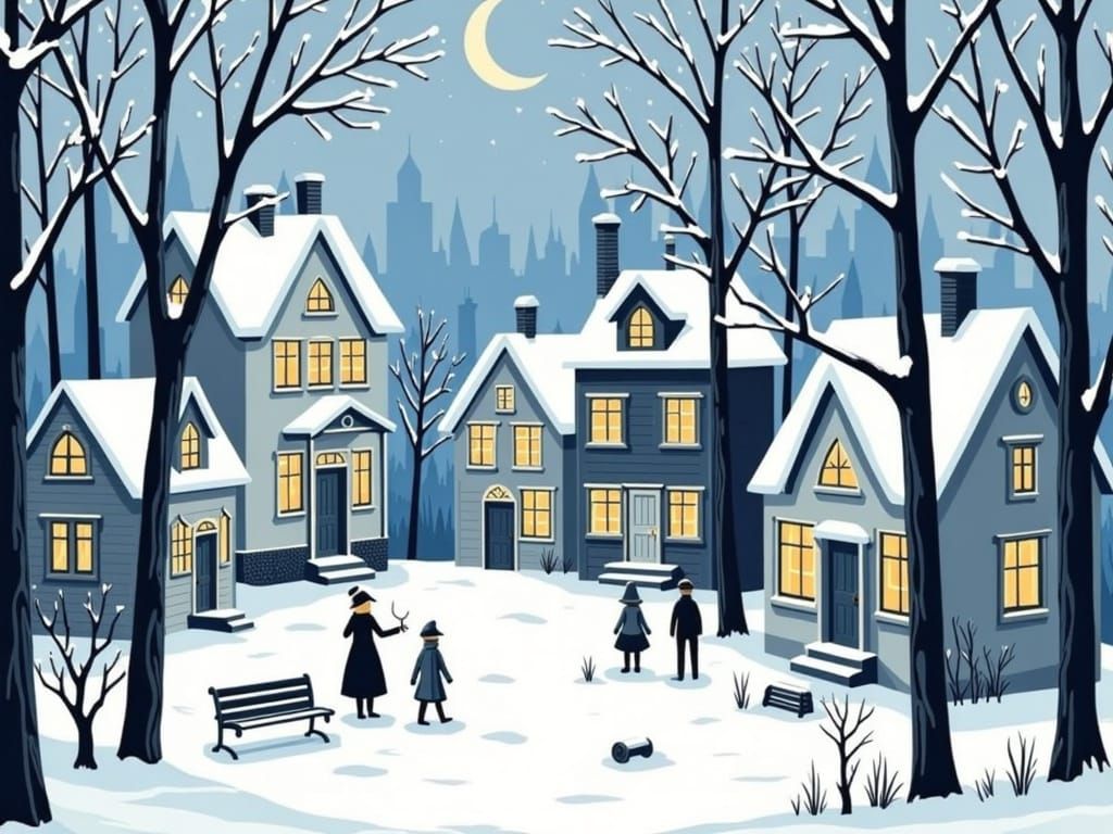 Whimsical Winter Village Scene in Soft Monochromatic Blues a...