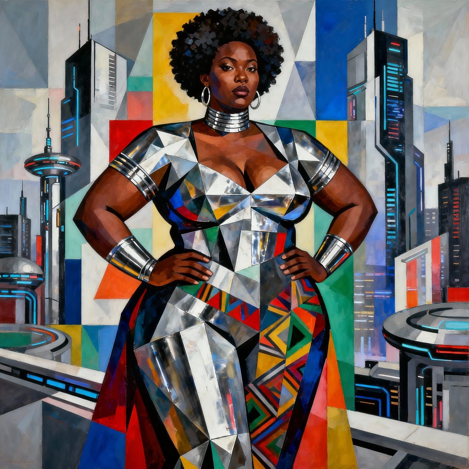 Afrofuturist Black Woman in High Fashion Cubist Painting