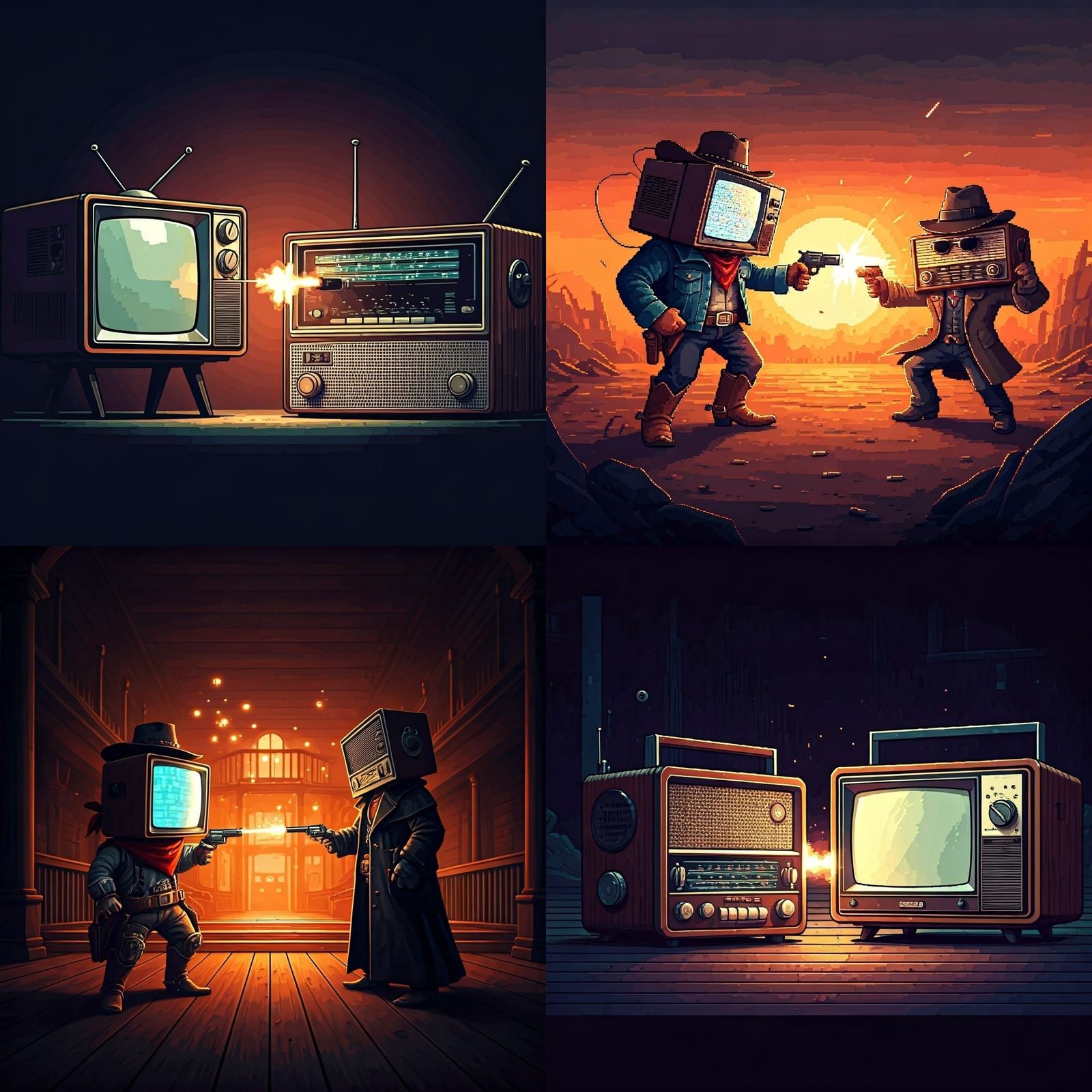 Surreal Pixel Art Gunfight: TV vs Radio