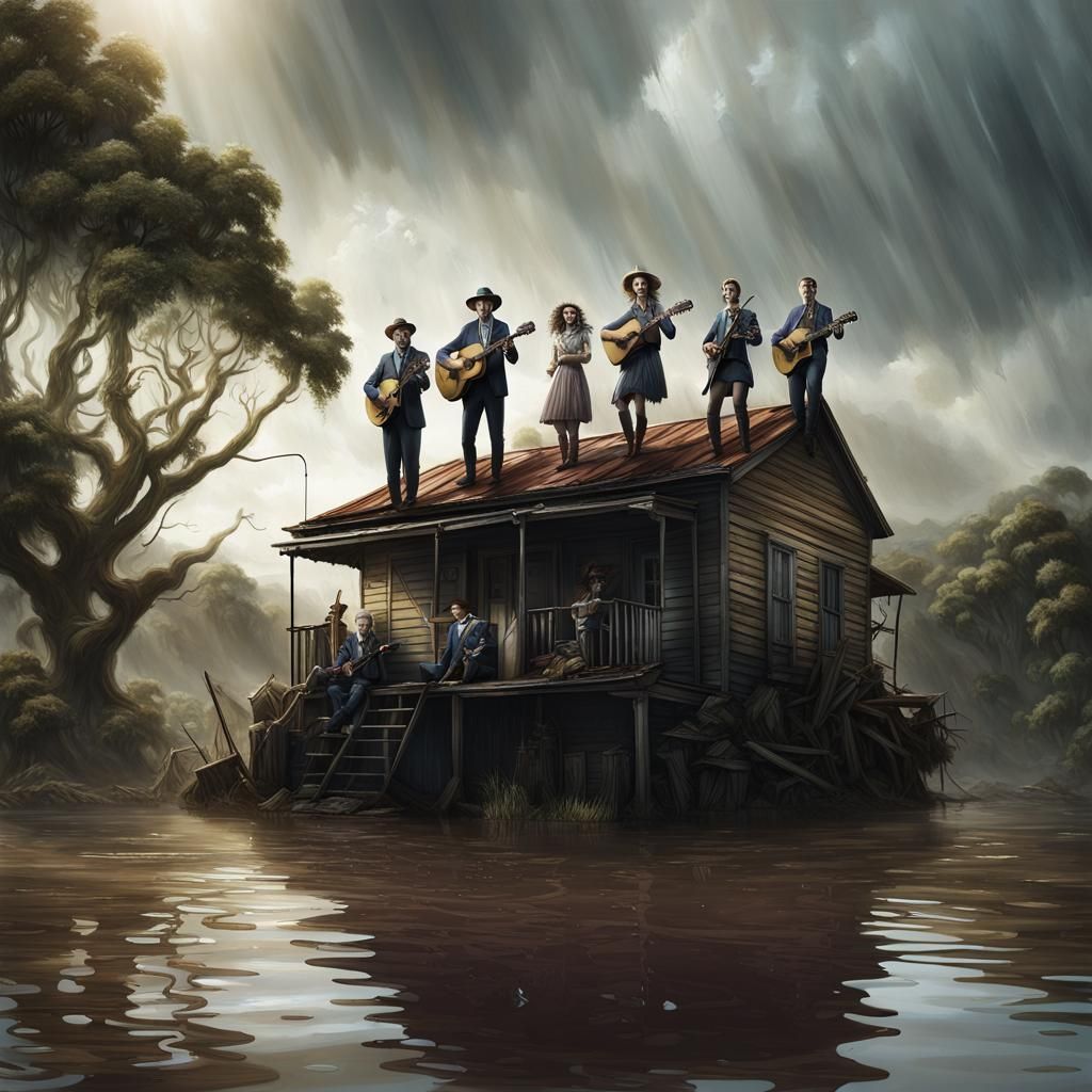 Bluegrass Band Plays Atop Flooded House, Detailed Matte Pain...