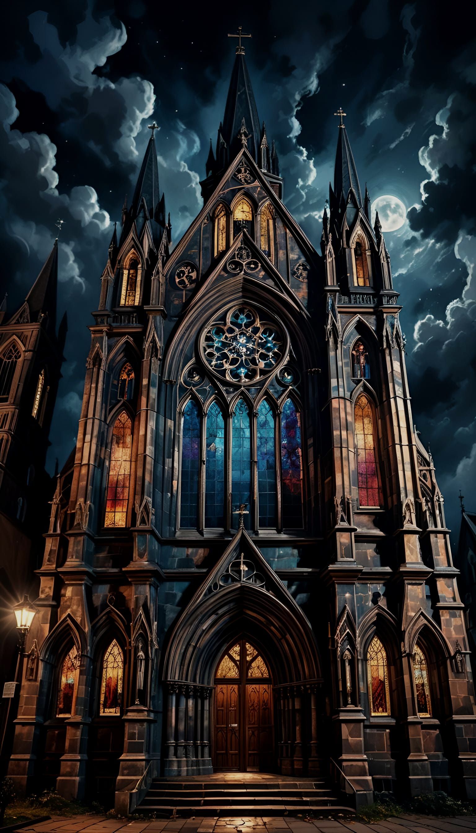 Gothic Church at Night in Realistic Painting