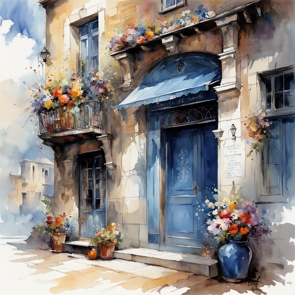 Magical Blue French Hotel in Vintage Alcohol Ink Style