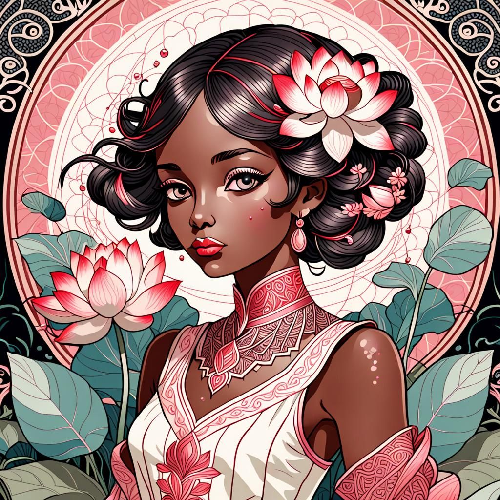 Elegant Lotus Portrait in Art Nouveau Style