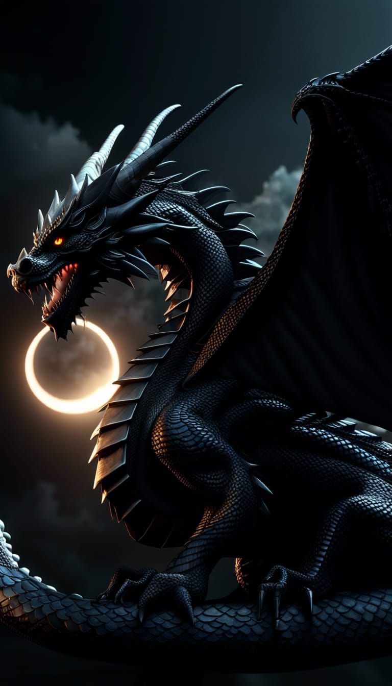 Epic Black Dragon Under Eclipse in Dark Fantasy Art