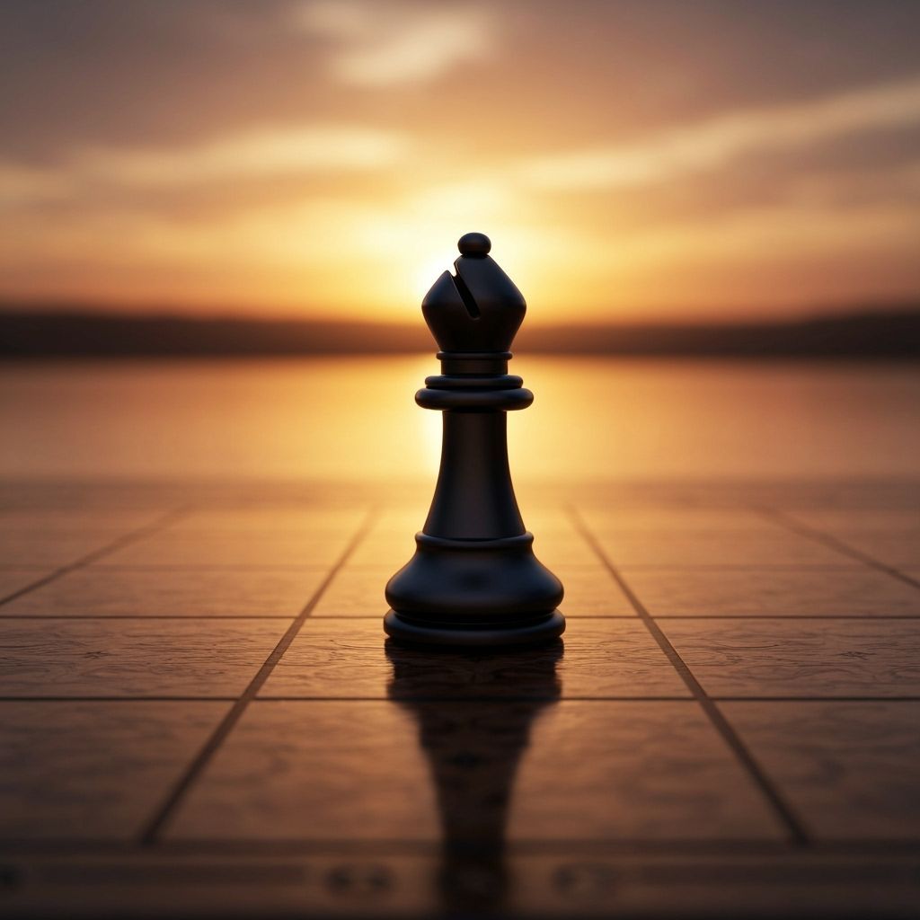 Realistic Black Chess Bishop on Fancy Board at Sunset