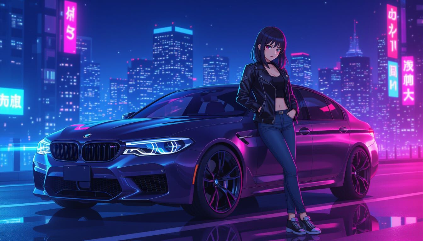 Anime Girl with BMW M5 in Neon Cityscape