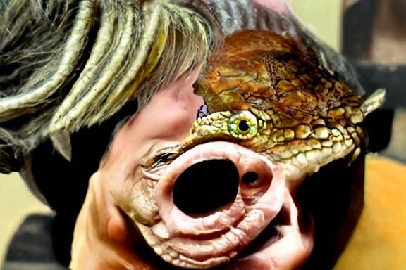Surreal Lizard-Pig Emergence from Political Figure
