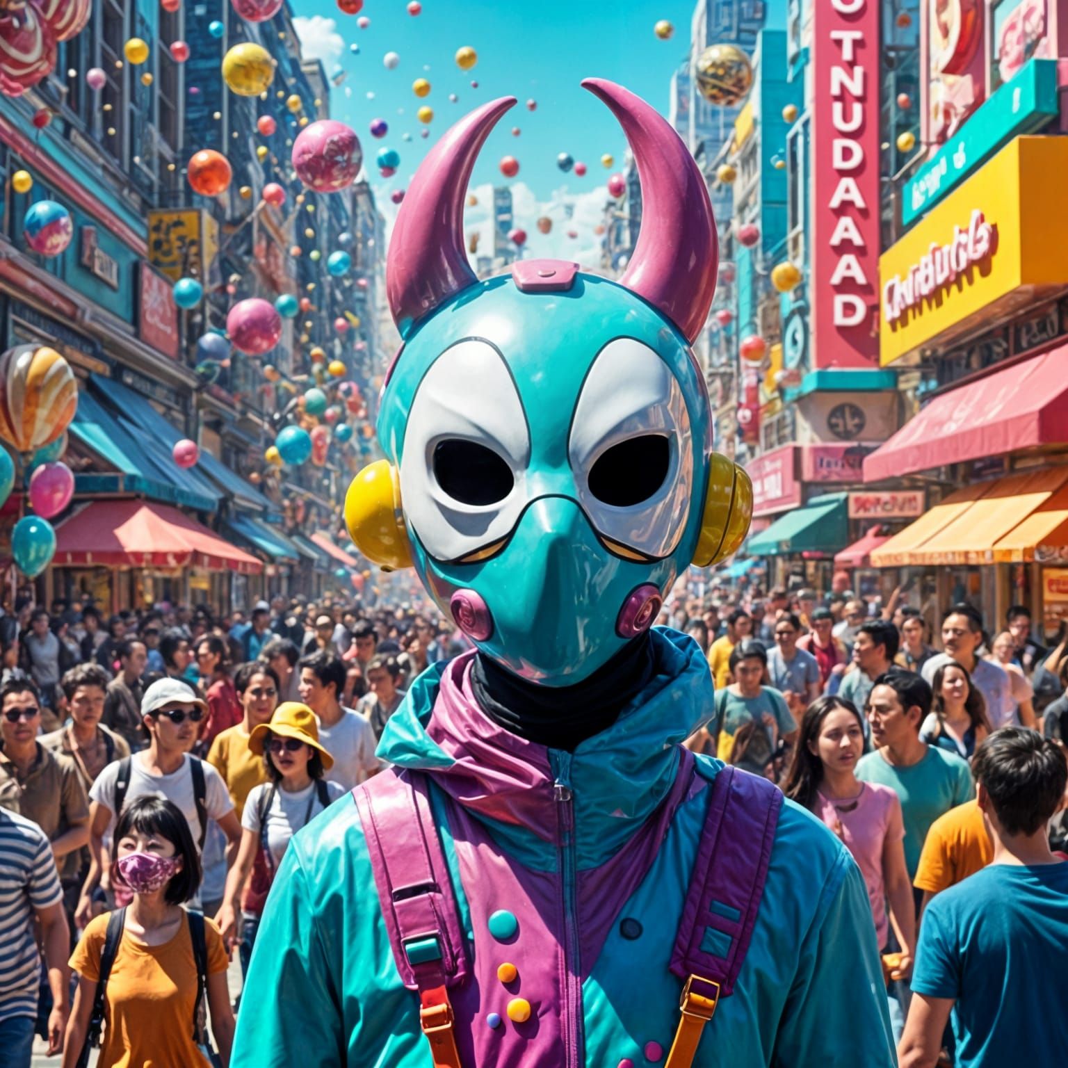 Masked Figure in Crowded Street: Digital Art
