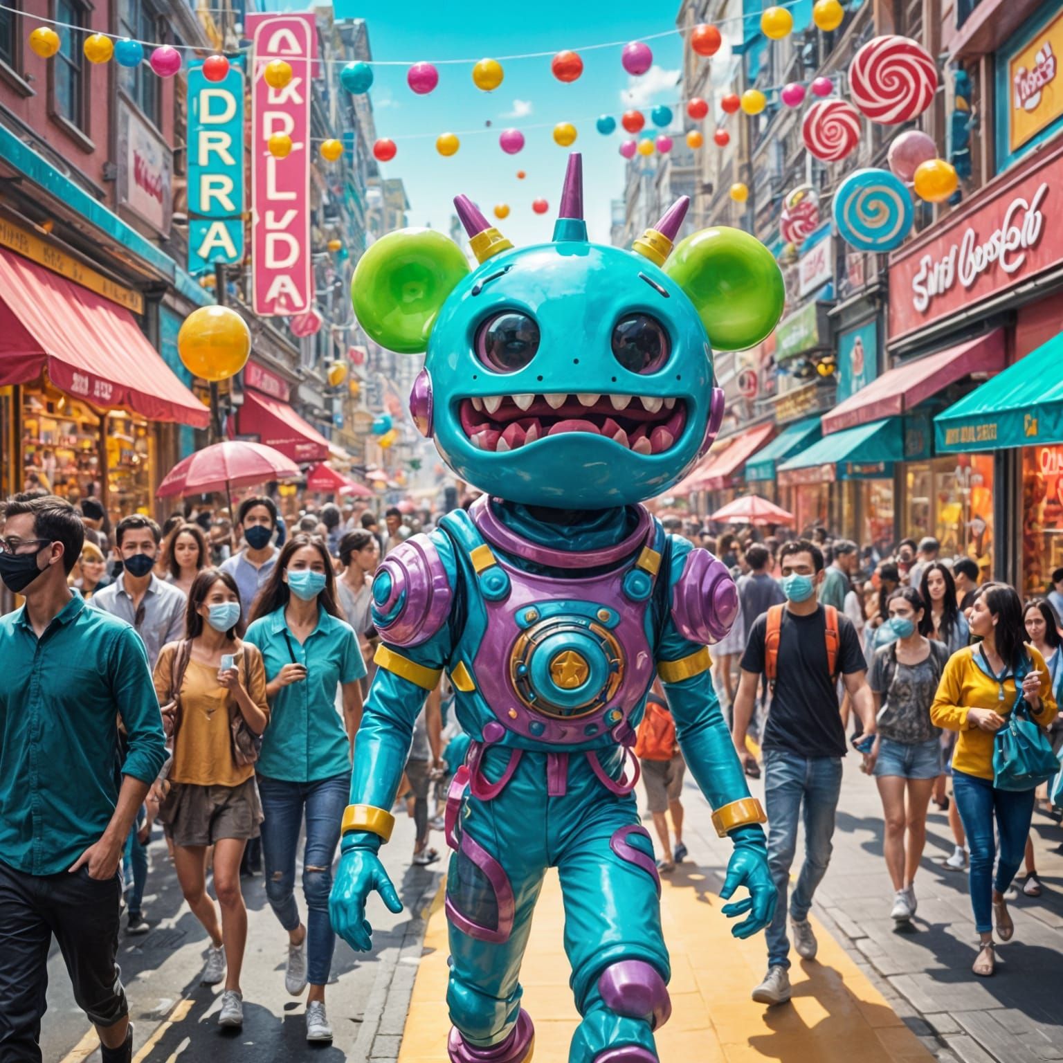 Masked Figure in Crowded Street Scene