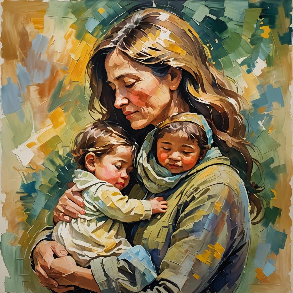 Impressionist Mother and Child Embrace in Gouache Style