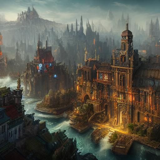 Surreal Cityscape of Ingrasia in Vibrant Fantasy Style